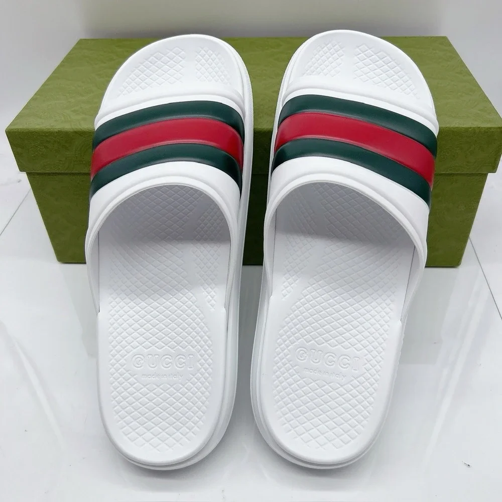 Gucci Men's Web ACE RUBBER Slide Sandals Pool White UK 12 US 12.5 NEW AUTHENTIC